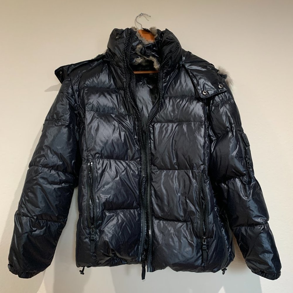 SAM NY Large Black Shell Puffer Jacket with Fur Trim